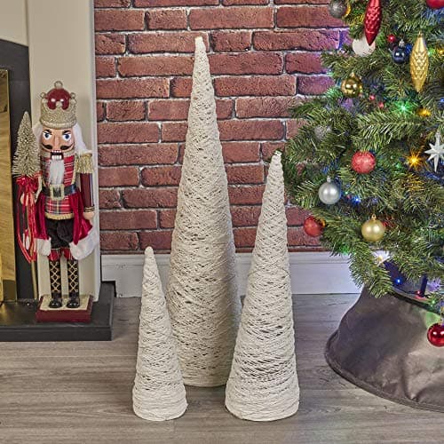 Image of URBNLIVING 3 Pcs Light Up LED Christmas Tree Cones, Xmas Cone Pyramids with LED Fairy Light Strings for Home Decor Window Display, 40-80cm Tall, 3 x AA Batteries (White with Glitter)