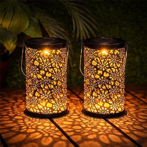 Image of Festive Lights - Pack of 2 Solar Moroccan Lanterns – 31cm Black Metal Cut-Out Pattern Garden Lanterns, Warm White LED, Outdoor Hanging Tabletop Patio Garden Light Decoration, IP44 Waterproof