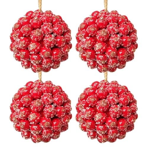 Image of Frosted Red Berry Christmas Baubles – Pack of 4 Rustic Ornaments with Rope Hanger for Christmas Tree, Wreaths & Festive Displays – Traditional, Durable & Reusable Xmas Décor – 9cm