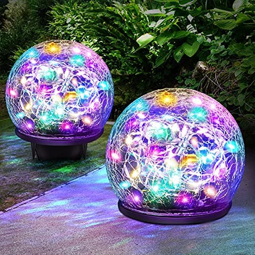 Image of Keevvon 2 Pack 60 LED Garden Solar Lights Outdoor Decorative, Colored Cracked Glass Solar Globe Lights, Upgraded Waterproof Multicolor Ball Lights for Yard Pathway Patio Lawn Outside Decor