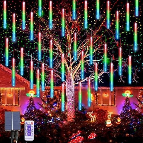 Image of OPAHUTER Solar Meteor String Lights With Remote, 240 LEDs Falling Rain, 30cm 10 Tubes Meteor Shower Waterproof Snowfall for Party Wedding Garden Christmas Tree