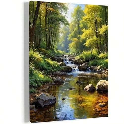 Image of AIHNBF Serene Forest Stream Canvas Wall Art - Nature Landscape Print for Living Room, Tranquil Woodland River Decor, Vertical