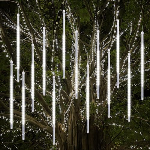 Image of Vikdio Christmas Lights Outdoor, Meteor Shower Lights 16 Spiral Tubes 50cm 864 LEDs 5.25m Lit Length, Waterproof Snowfall Icicle Lights for Outdoor Xmas Decoration Party Tree Window (White)
