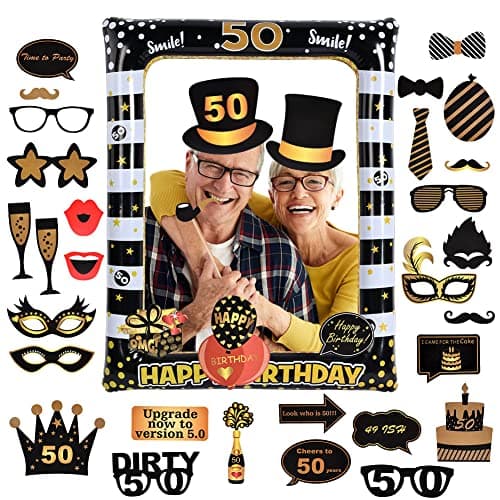 Image of Flintronic 50th Birthday Inflatable Frame, Photo Booth Props，Black Gold Birthday Party Inflatable Selfie Photo Frame, Funny Selfie Props Kit, Birthday Party Decoration Family Fun Holiday Supplies