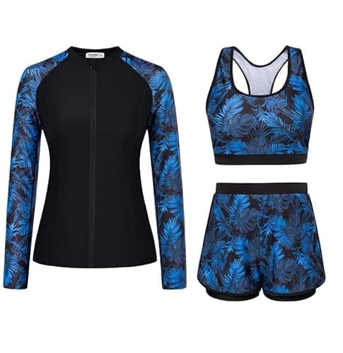 Image of JASAMBAC Rash Guard Sets Womens,Swimming Costume Women, Tummy Control Swimwear Rash Guard Swimsuit UPF 50+ Bikini Top & High Waist Boyshorts Zipper Modest Swimwear Bathing Suit Soft Surf Suit