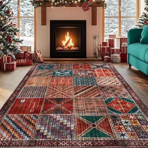 Image of REDTAPISE Large Rugs Living Room, Multicoloured, 160 x 200 cm, Patchwork Vintage Terracotta Red Orange Dark Green Rug for Bedroom Dining Room Decor Anti-Slip Washable Carpets