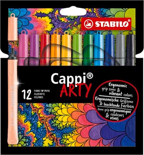Image of STABILO Cappi - Fibre-Tip Pen with Cap-Ring - ARTY - Pack of 12 - Assorted Colours with 1 Cap-Ring
