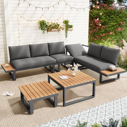 Image of Merax 5-6 Seater Garden Lounge Set, Corner Garden Furniture with Adjustable Reclining Seats, Galvanised Iron Frame Patio Furniture, 6 Piece Outdoor Sofa Set with 2 Tables – Grey