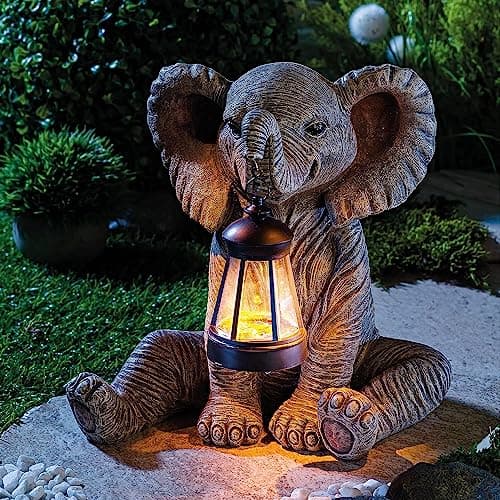 Image of Coopers of Stortford - Elephant Solar Lantern, LED Garden Ornament - Outdoor Polyresin Statue with Warm White Light, Weatherproof 28.5cm