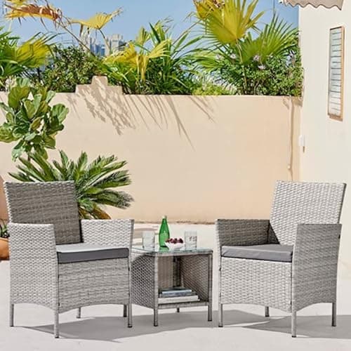 Image of GardenCo 2 Seat Bistro Set - Outdoor Garden Furniture with Low Drinks Table, Cushions and Two Chairs - Rattan Weave (Grey)