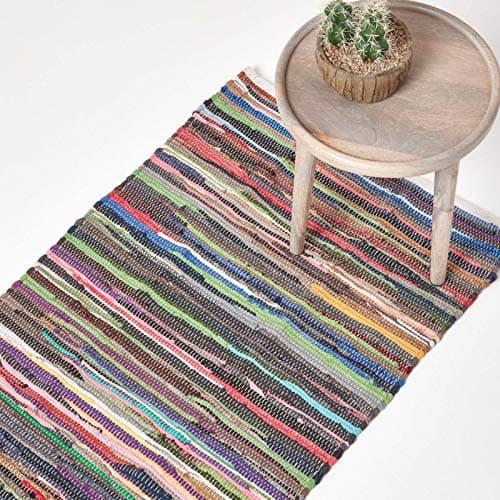 Image of HOMESCAPES - 100% Recycled Cotton Chindi Rug Runner Multi Coloured Stripes on White Base 66 x 200 cm Handmade Area Floor Rag Rug Large Traditional Indian Carpet Mat for Hallways, Living Room