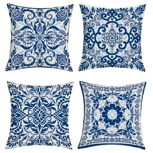 Image of Joymaison Blue and White Porcelain Floral Cushion Covers 40 x 40 Pack of 4 Vintage Chinoiserie Flower Square Throw Pillow Case Decorative Sofa Cushion with Invisible Zipper