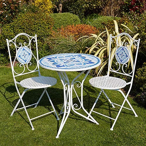 Image of Home Source Fenton Mosaic Patio Outdoor Bistro Set, Round Table and 2 Folding Chairs, Metal Garden Furniture, White