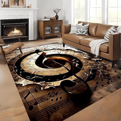 Image of Bycmuoz Vintage Music Note Area Rug, 60x110cm, Music Theme Musical Score Floor Rugs, Low Pile Soft with Non Slip Backing Carpet, Foldable No Crease Machine Washable Mat for Indoor Floor