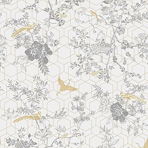 Image of Muriva Lipsy Himara Wallpaper-Modern Floral Wallpaper Living Room，Bedroom，Fireplace-Decorative Nature Luxury Wall Paper w/ Flowers，Birds & Metallic Gold Geometric Print (Pale Grey)，Gold,grey