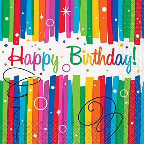 Image of Unique 49562EU Paper Napkins-16.5 cm-Rainbow Ribbons Birthday Party-16 Count (Pack of 1), Multicolour