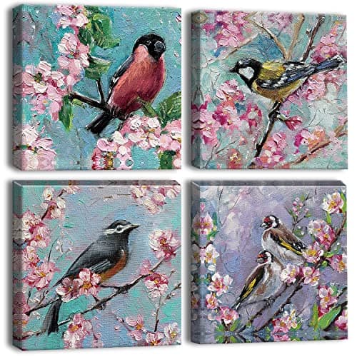 Image of Artscope 4 Pieces Wall Art Canvas Prints - Oil Painting Flowers and Birds Picture Painting - Modern Wall Artwork Framed for Gifts Bathroom Home Kitchen Office Decor - 30 x 30 CM