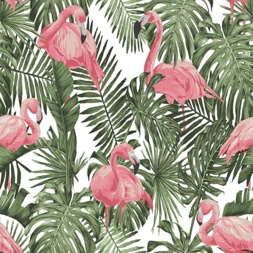 Image of Pink Flamingo Paradise Wallpaper - Tropical Green Leaves Forest - Monstera Palm Tree - Exotic Summer - Paste The Wall Vinyl