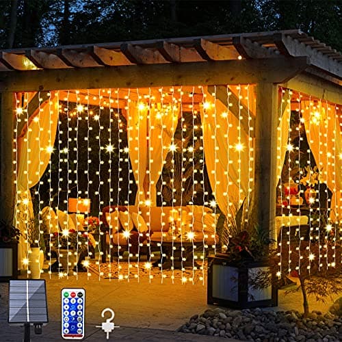 Image of LiyuanQ Solar Curtain Lights Outdoor Fairy Lights 3m x 3m 300 LED 8 Modes Remote Control Waterproof Solar Garden Light Waterfall Fairy String Light for Patio Gazebo Party Christmas Autumn Decoration