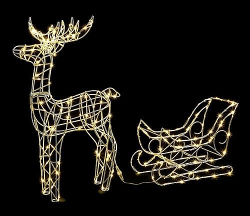 Image of VeryMerry Pre-Lit Reindeer with Sleigh Large 85cm with 180 LED, Auto-Off Timer, Christmas Decoration Suitable for Indoor and Outdoor Use - Warm White