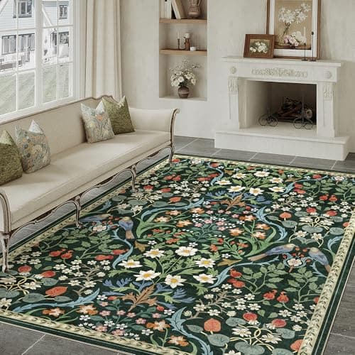 Image of PureCozy Rugs Living Room 200x300 cm Floral Washable Non Slip Area Rugs Vintage Large Lightweight Carpet for Bedroom Dining Room Hall Lounge Office Indoor Home Decor, Dark Green