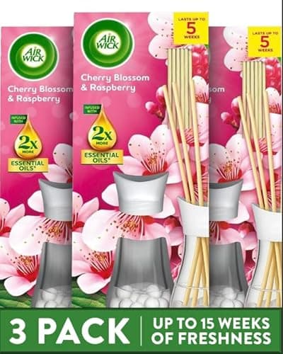 Image of Airwick - Cherry Blossom & Raspberry - Reeds 25ml 3 Pack - 15 Weeks of Long-Lasting Freshness, Elegant Home Decor, Neutralizes Odors, Enhances Room Ambiance