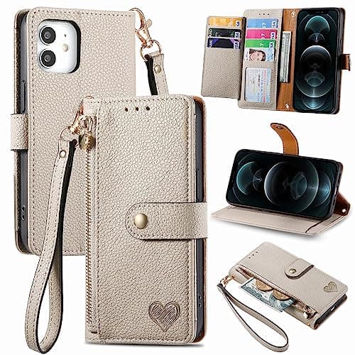 Image of VEEMOS Zipper Wallet Case for Apple iPhone 12 Mini Phone Case with Purse Card Holders RFID Blocking Leather Flip Case Book Cover Wrist Strap Women - Gray