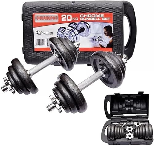 Image of Kemket 20kg Cast Iron Dumbbell Set – Adjustable Iron Dumbells with Chrome Spinlock Bars & Case – Cast Iron Dumbell Weights for Strength Training & Home Workouts