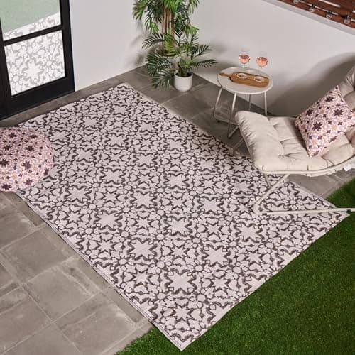 Image of OHS Outdoor Rug Tile Print, Garden Mat Water Resistant Foldable Non Slip Large Rug Reversible Decking Tiles Outdoor Carpet Patio Rugs for Poolside Porch Picnic Camping, Blue - 160 x 230cm