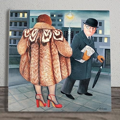 Image of Global Designs My Fur Coat Ceramic Tile Picture Plaque Sign Wall Art By Beryl Cook UV Printed Artwork 20x20cm
