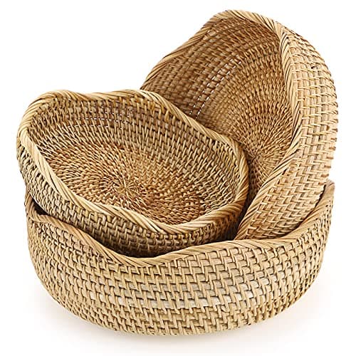 Image of Sumnacon Set of 3 Round Rattan Woven Fruit Basket Bread Serving Baskets Snack Storage Bowls Table Desktop Countertop Decorative Display Storage Baskets (Wavy Edge)