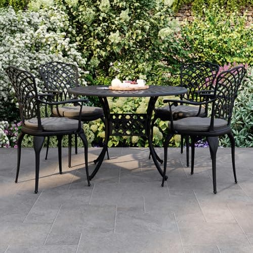 Image of CHARLES BENTLEY Cast Aluminium Bistro Round Table And 4 Chairs Set, Black, Outdoor Table, with Dark Grey Cushions, Garden, Patio, With Central Hole For Parasol, Weatherproof, Armchairs (106x106x74cm)