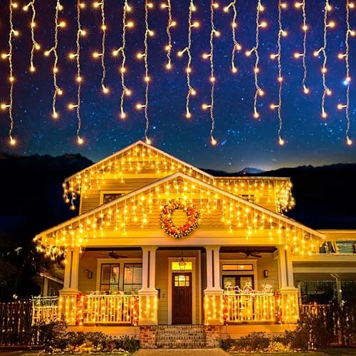 Image of EcoNour Icicle Lights Outdoor Christmas Lights 360 LED 10M Warm White Decorations String Fairy Lights with Timer for Xmas Garden & Party | Mains Powered Clear Cable