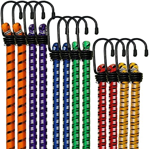 Image of Xtremeauto Bungee Cords With Hooks 𝐉𝐮𝐦𝐛𝐨 𝐏𝐚𝐜𝐤 Of 12 Heavy Duty [𝐌𝐢𝐥𝐢𝐭𝐚𝐫𝐲 𝐆𝐫𝐚𝐝𝐞] Bungee Cord, UV Resistant Double Braided Elastic Bungee Straps For Securing Tarps Luggage Tents