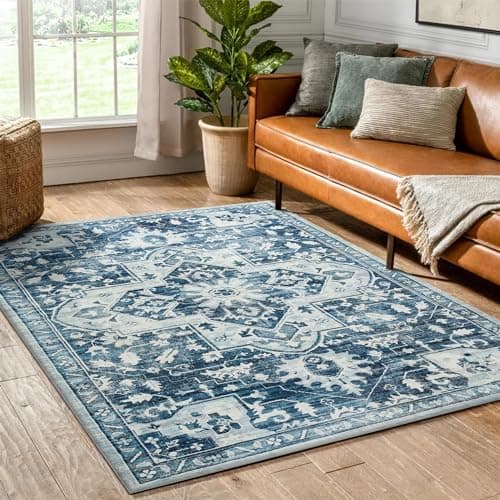 Image of Hafaa Washable Rugs Living Room Small 60x110 cm – Soft Short Pile Blue Area Rugs For Bedroom Kitchen Carpet Non Slip Bedside Rug Traditional Floral Design Vintage Boho Cashmere Rug, Tranquil