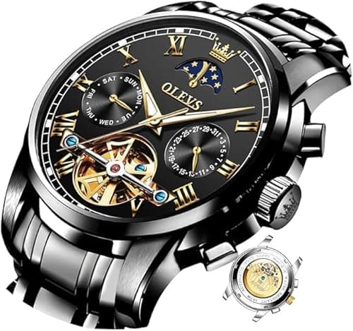 Image of OLEVS Mens Watch Automatic Mechanical Blue Face Winding Moon Phase Stainless Steel Two Tone Date Waterproof Luminous