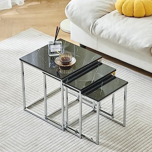 Image of Rainbow Tree Set of 3 Nesting Coffee Tables Black Marble for Living Room, High Gloss Nest of 3 Nested Tables Sofa Side Table Coffee Table End Tables Space Saving