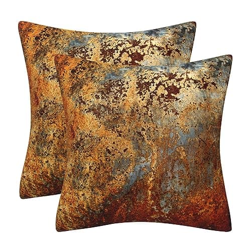 Image of DILOXNSU Set of 2 Decorative Cushion Covers 45 x 45 Double-Sided Gold Brown Rust Metal Rusty Velvet Modern Abstract Square Pillow Cover for Sofa Bed Couch Cushions Cases 18 x 18 Inch
