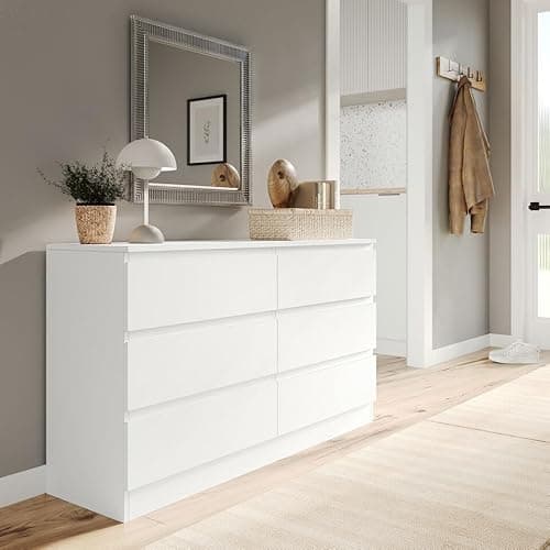 Image of URBNLIVING Modern White Wooden Chest with 6 Drawers for Bedroom or Office Storage Versatile Bedside Table and Stylish Cabinet for Organizing Clothes Accessories Work Place Supplies and Personal Items