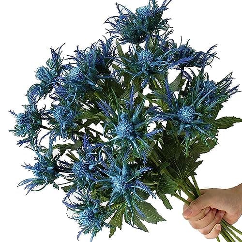 Image of Fermus 8 Stems Artificial Thistle Flowers 8 Branch Real Touch Blue Thistle Decor 26 Inch Real Size Rustic Spray Eryngium Sea Holly for Wedding Bouquet Centerpiece
