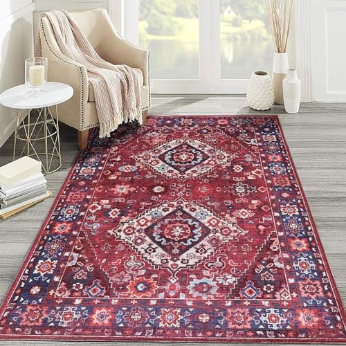 Image of NETLINE HOME Washable Area Rugs for Living Room Traditional Flatweave Rug Non Slip Kitchen Rug - Decorative Floor Mats Low Pile Vintage Rugs Boho Design Foldable Hallway Carpets for Bedroom -Brick
