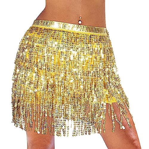 Image of Monbessi Cute Tassel Belly Dance Skirt with Glitter for Women and Girls Festival Performance (Gold)