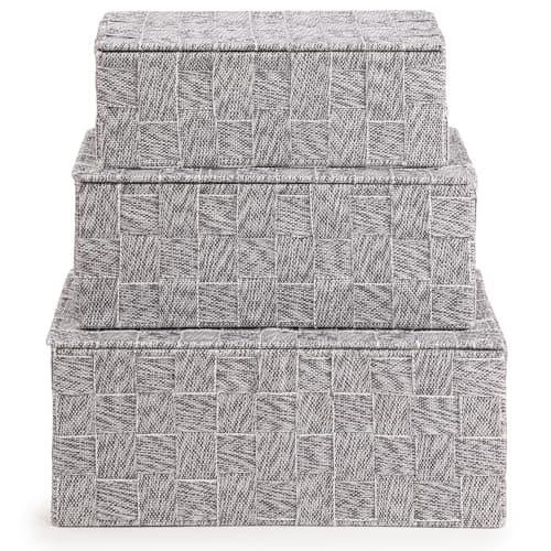 Image of EHC Set of 3 Woven Nestable Storage Box with Lid, Lightweight Woven Basket for Shelves, Lidded Organiser Hamper Baskets - Grey