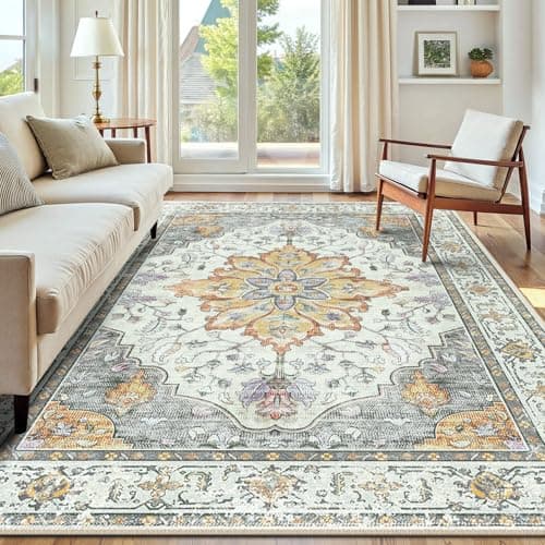 Image of INOVADAY Machine Washable Rugs 150x210 cm Vintage Area Rug Low Pile Anti-Slip Carpet with Print Pattern for Living Room Bedroom Home Office Indoor Yellow/Grey/Orange/Purple