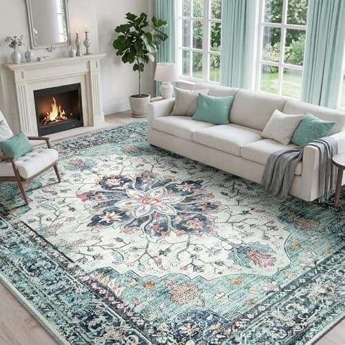 Image of INOVADAY Machine Washable Rugs 240x300 cm Vintage Area Rug Low Pile Anti-Slip Carpet with Print Pattern for Living Room Bedroom Home Office Indoor Blue/Teal Green/Navy/Red