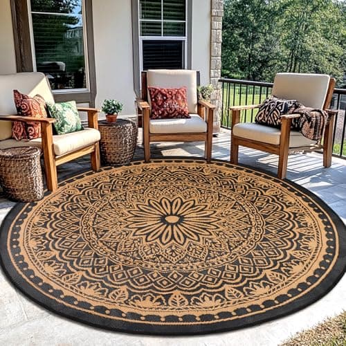 Image of TUKDAK Black Camel Round Outdoor Rugs for Patios Waterproof 180cm, Reversible Circle Graden Rug, Summer Recycled Plastic Outside Rug, Lightweight Outdoor Camping Carpet for Balcony Beach Picnic Deck