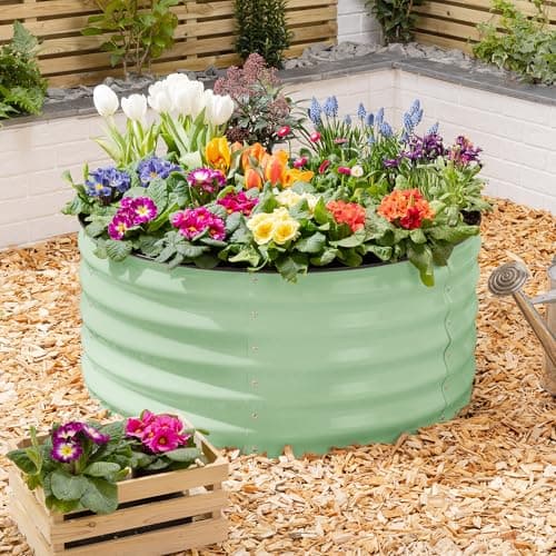 Image of CHRISTOW Circular Raised Garden Bed – 90cm x 45cm, Sage Green Galvanised Steel Planter, Open Base for Drainage, Outdoor Grow Bed for Plants, Flowers & Vegetables, Protective Rubber Rim
