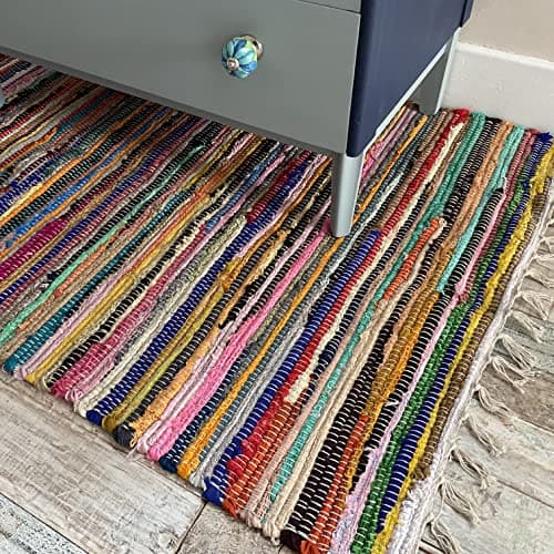 Image of Second Nature Online - SHANTI Multi Coloured Rug | Hand Woven | Eco-Friendly: 100% Recycled Fabric | Ethically Sourced | Flat Weave (175 cm x 120 cm)