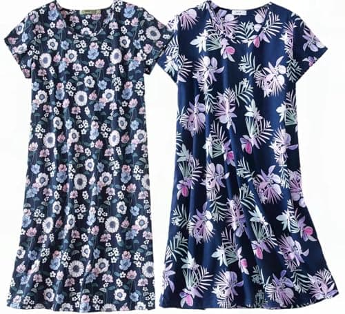 Image of BERDITH 2 Pack Nighties for Women Nightdress Ladies Cotton Blend Nightwear Night Dress Womens Nightshirt Nightdresses Plus Size UK 28-30 Gift Mum Mummy Mothers Day