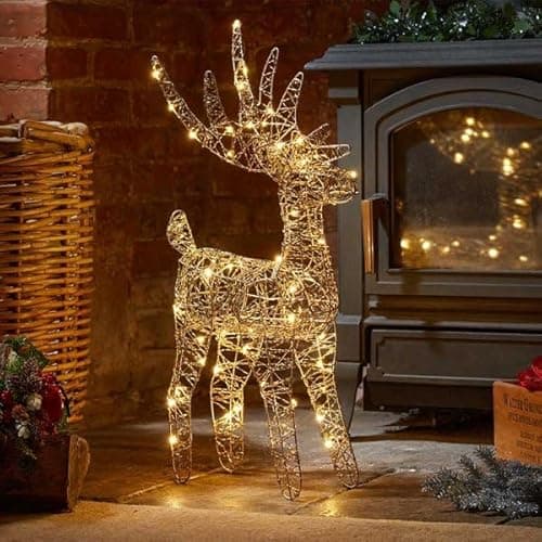 Image of Marco Paul Large 45cm Light Up Gold Reindeer Christmas Decoration Battery Operated LED Stag Ornament with Auto Timer Wire Mesh Frame Festive Xmas Indoor Home Decoration